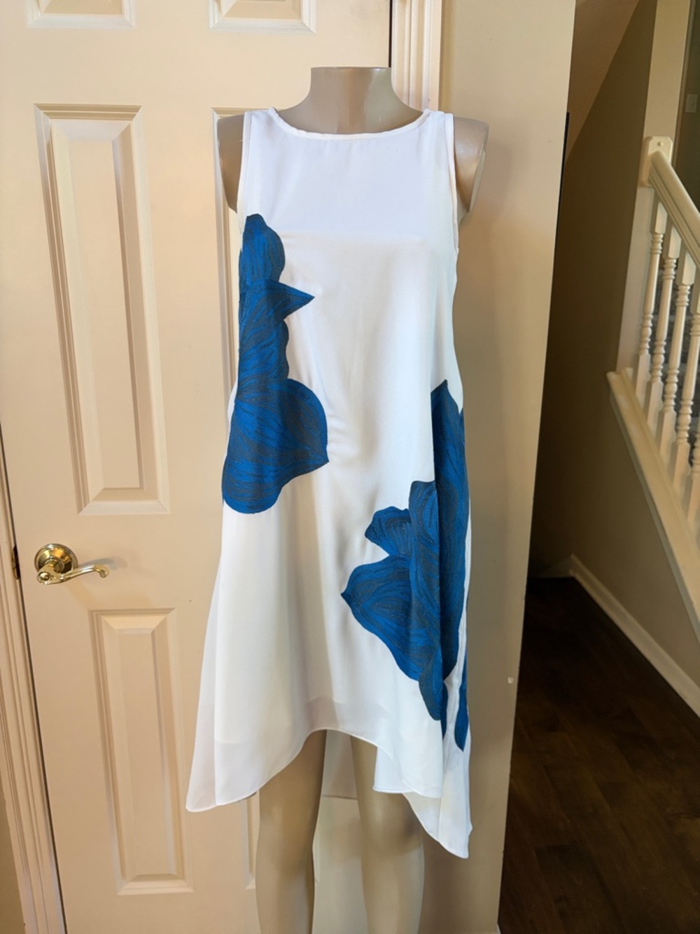 Ranna Gill White Sleeveless High-Low Dress with Blue Floral Motifs, XS